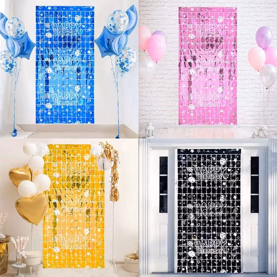 Gold Square Foil Curtains Happy Birthday Party Wall Background Backdrop Decoration