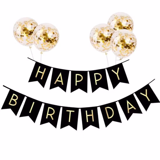 Factory Price Banner Decoration Party Supplies Black and Gold Happy Birthday Banner Balloon Paper Swallowtail Wrap