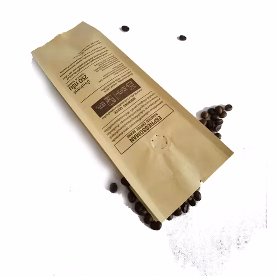 Custmized 4 Sides Sealing Gusset Sides Pouches Bio Degradable Kraft Paper Aluminum Foil Material Valve for Coffee Packing.